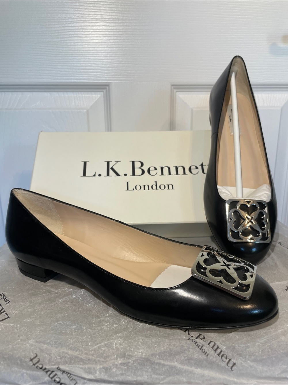 LK Bennett Black Leather Ballet Flats with Decorative Silver Plaque